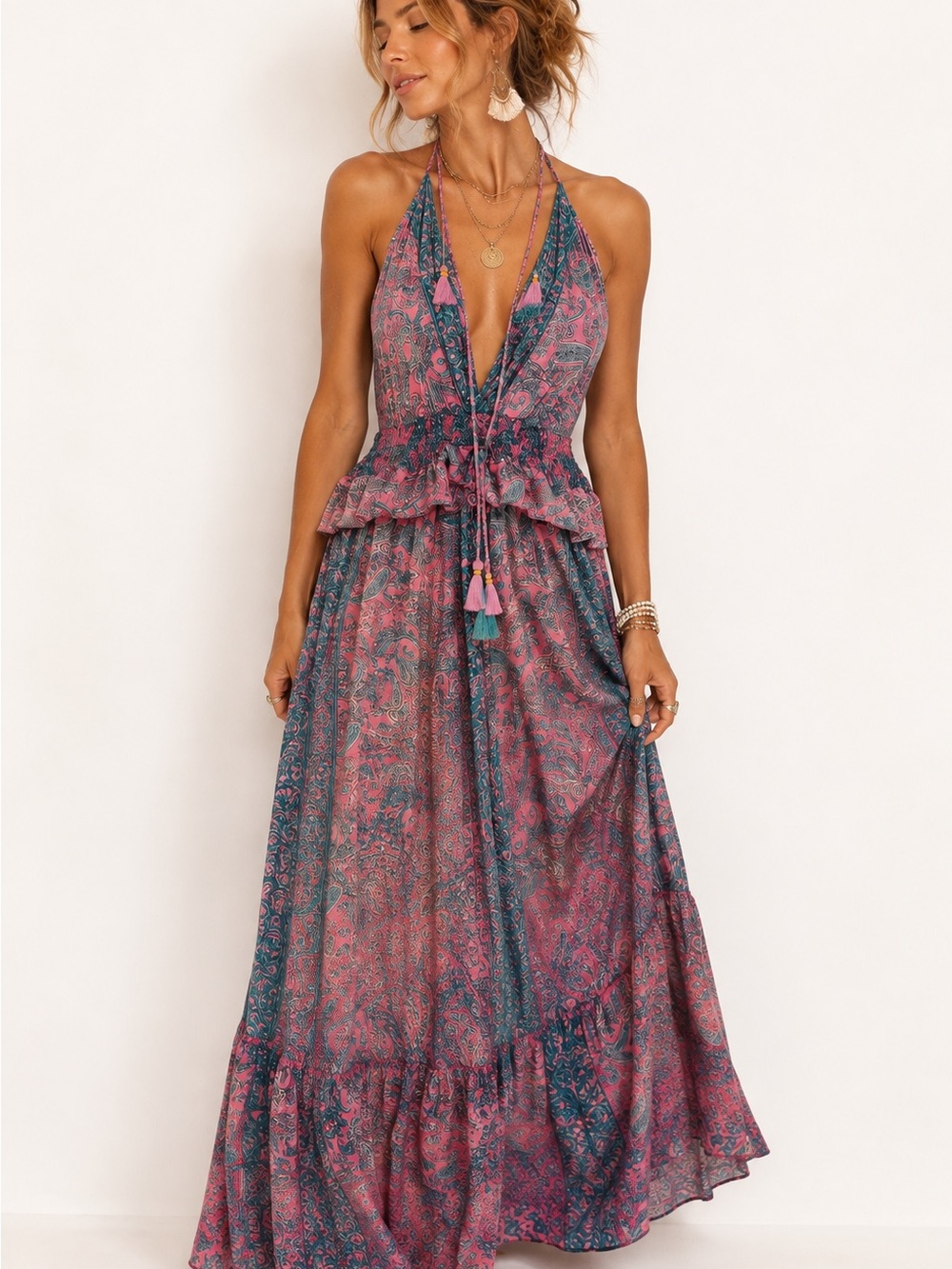 Karma Highway Pink Paisley Silk Blend Boho Halter Maxi Dress One Size Tassel Tie